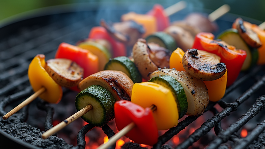 Vegetarian skewers grilling over smoky charcoal with charred vegetables like bell peppers, mushrooms, zucchini, and onions