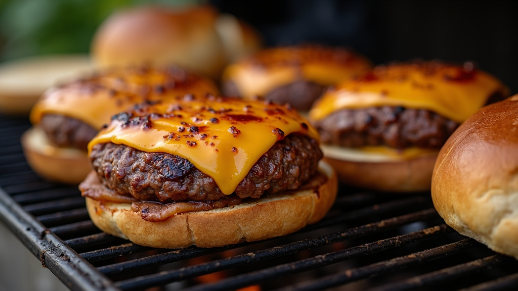 A close-up of juicy smash burgers sizzling on a pellet grill with melted cheese and toasted buns nearby.