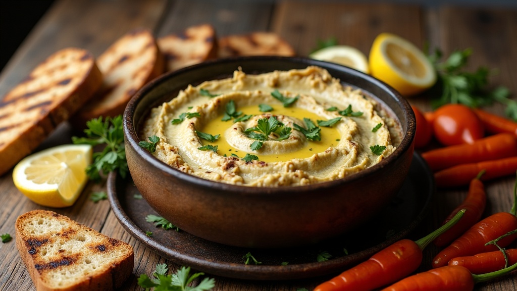 Double Smoked Artichoke Dip in a rustic serving dish with grilled bread and smoked vegetables on the side