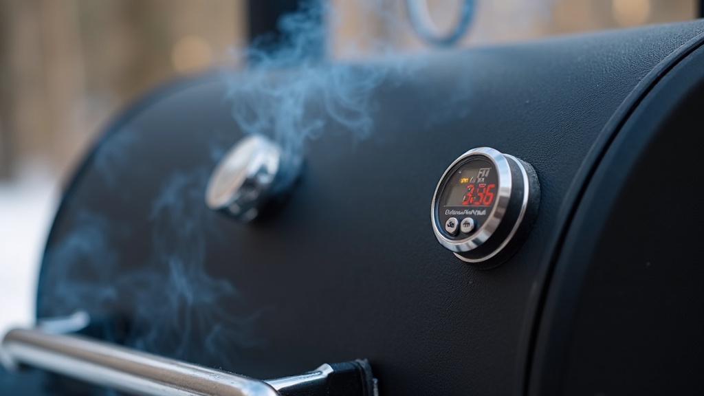 Pellet grill outdoors with wood pellets and thermometer