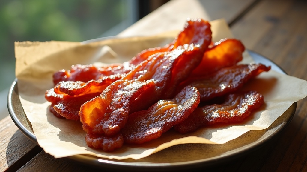 A plate of glossy candied bacon strips sitting on parchment paper