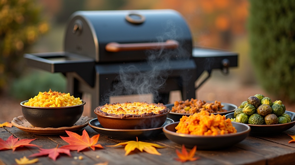 A variety of Thanksgiving side dishes cooked and arranged on a smoker