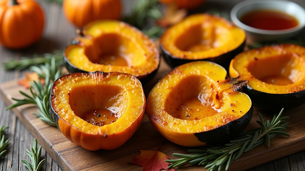 Smoked acorn squash on a wooden platter with fresh herbs and a scattering of autumn leaves
